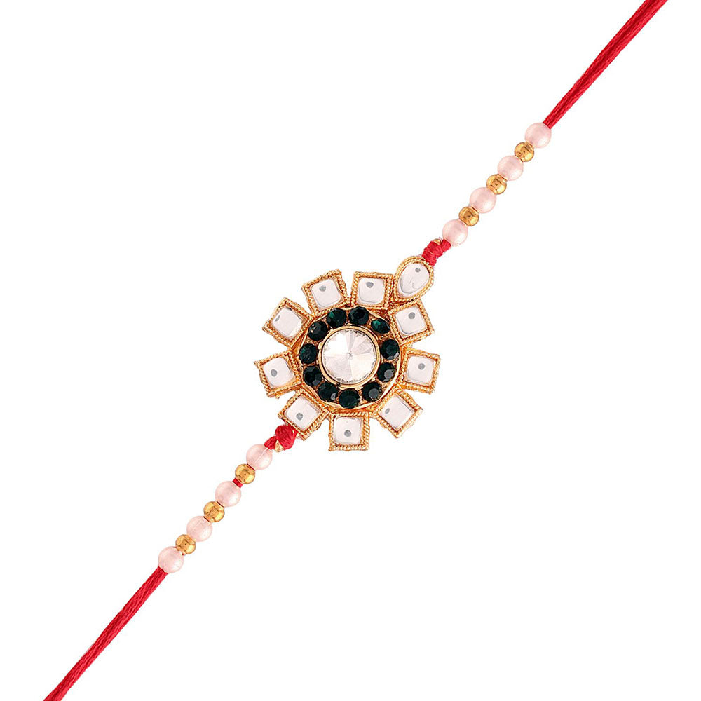 Etnico Gold Plated Ethnic Designer Pearl Kundan Rakhi Bracelet for Brother/Men (R004)