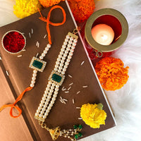 Etnico Designer Bhaiya Bhabhi Hanging Lumba Bracelet Rakhi Combo Set for Rakshabhandan Special (R010G-CO)