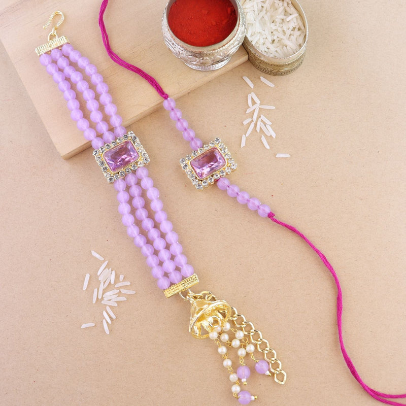 Etnico I Jewels Rakshabandhan Special Bhaiya Bhabhi Pearl Hanging Lumba Rakhi Combo Set With Roli Chawal (R010Pu-CO)