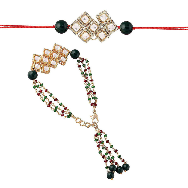 Etnico Designer Bhaiya Bhabhi Hanging Lumba Rakhi Combo Set for Rakshabhandan Special (R013G-CO)