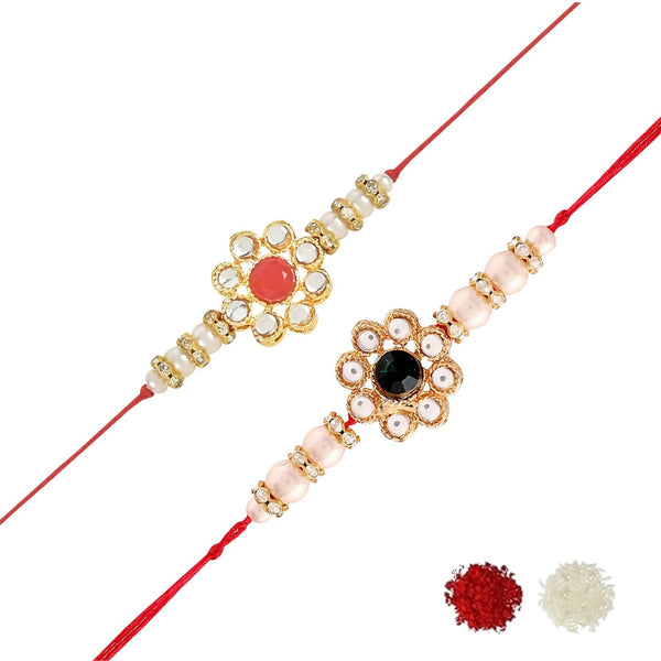 Etnico I Jewels Designer Kundan Pearl Combo Rakhi & Roli Chawal For Brother/Bhai/Bro/Men With Rakshabadhan Card (R014R-G) (Set of 2)