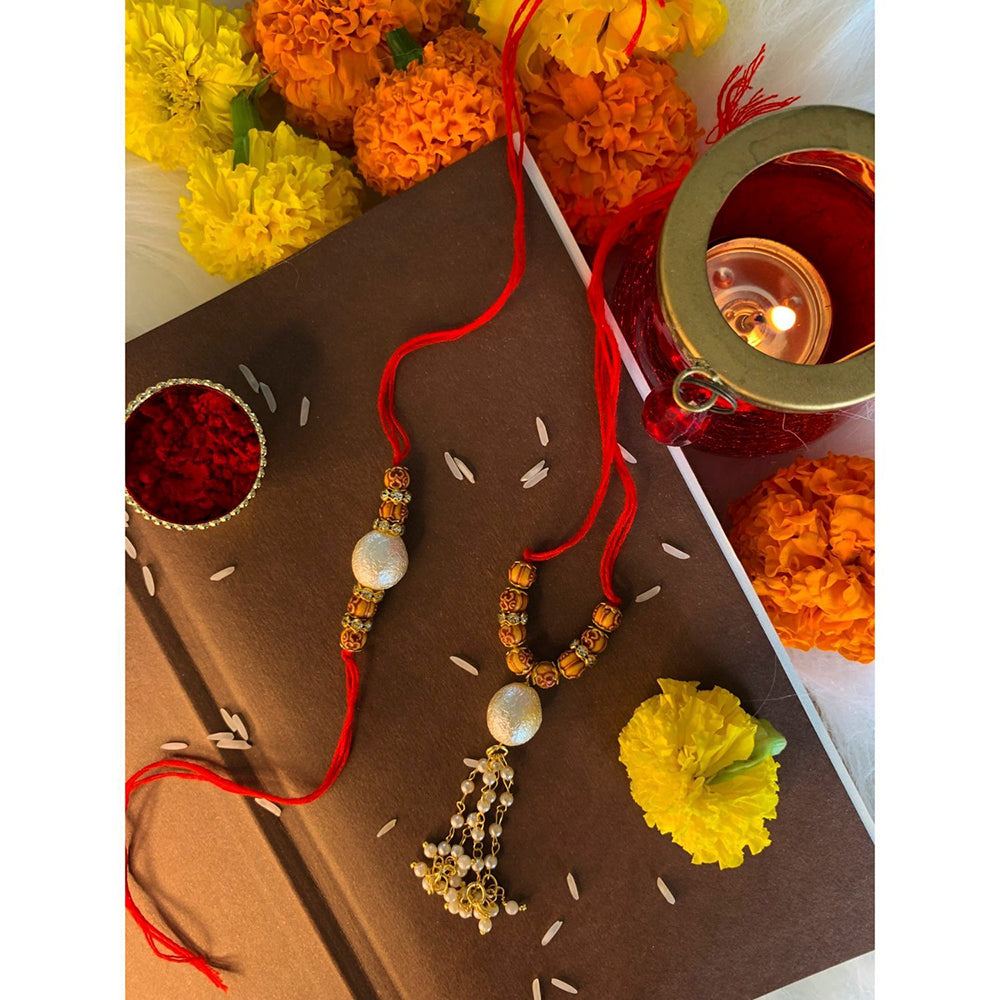 Etnico Designer Bhaiya Bhabhi Hanging Lumba Rakhi Combo Set With Roli Chawal for Rakshabhandan Special (R021-CO)