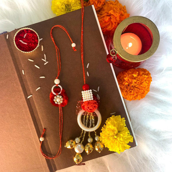 Etnico Designer Bhaiya Bhabhi Hanging Lumba Rakhi Combo Set with Roli Chawal for Rakshabhandan (R055-42) (Style-8)