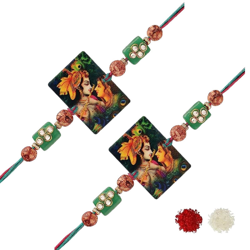 Etnico I Jewels Designer Lord Radha Krishna Handpainted Wooden Rakhi Combo Set With Roli Chawal & Rakshabandhan Card For Brother/Bhai/Bro/Men (R050-2)(Pack of 2)