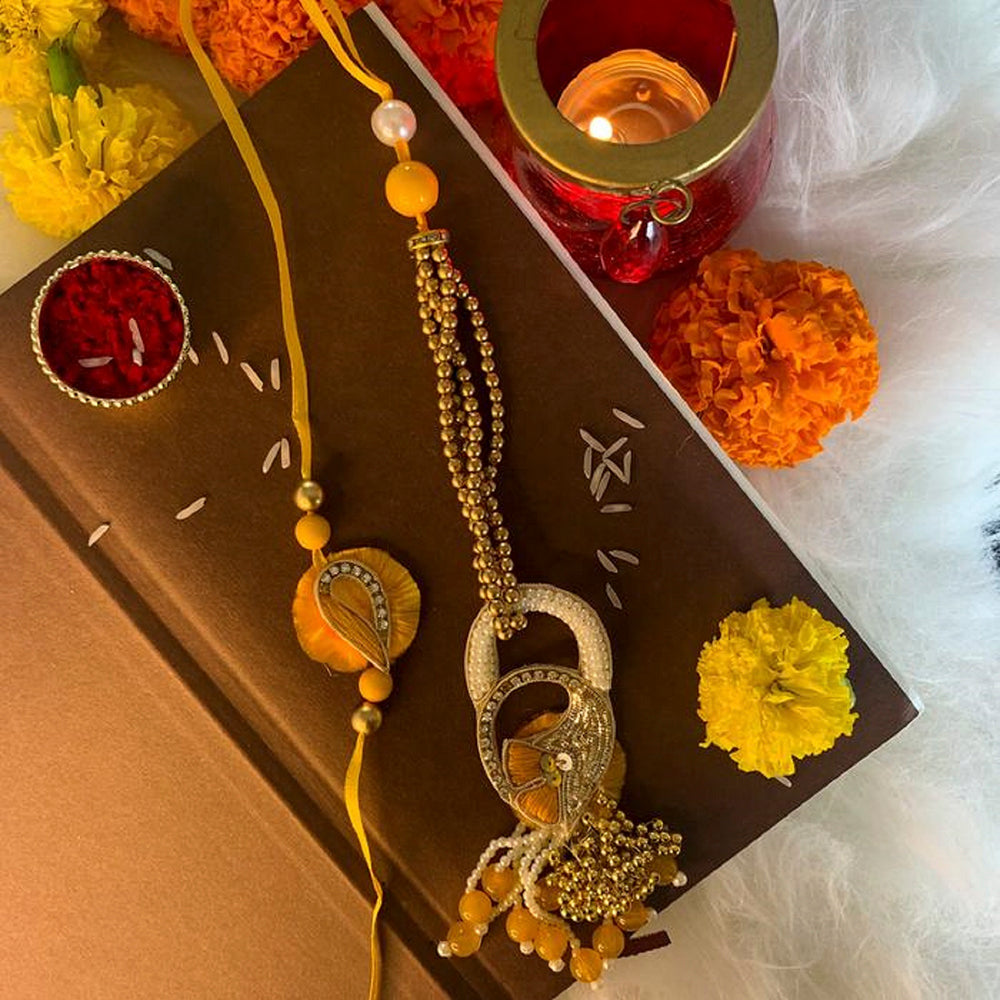 Etnico Designer Bhaiya Bhabhi Hanging Lumba Rakhi Combo Set with Roli Chawal for Rakshabhandan (R051-CO)