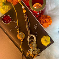 Etnico Designer Bhaiya Bhabhi Hanging Lumba Rakhi Combo Set with Roli Chawal for Rakshabhandan (R051-CO)