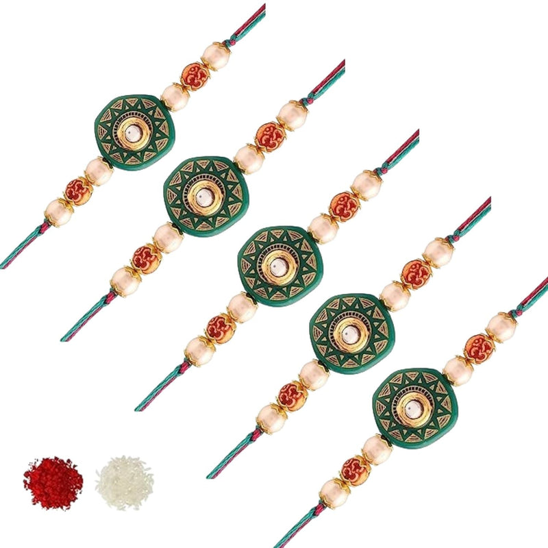 Etnico I Jewels Ethnic Designer Pearl Beads Studded Combo Rakhi Set With Roli Chawal & Rakshabandhan Card For Brother/Bhai/Bro/Men (R057G-5) (Pack Of 5)