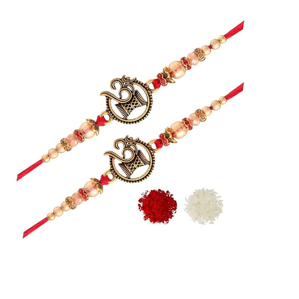 Etnico Ethnic OM Designer Pearl Studded Rakhi Bracelet with Roli Chawal for Men/Brother/ Bhaiya (R058-2) (Pack of 2)
