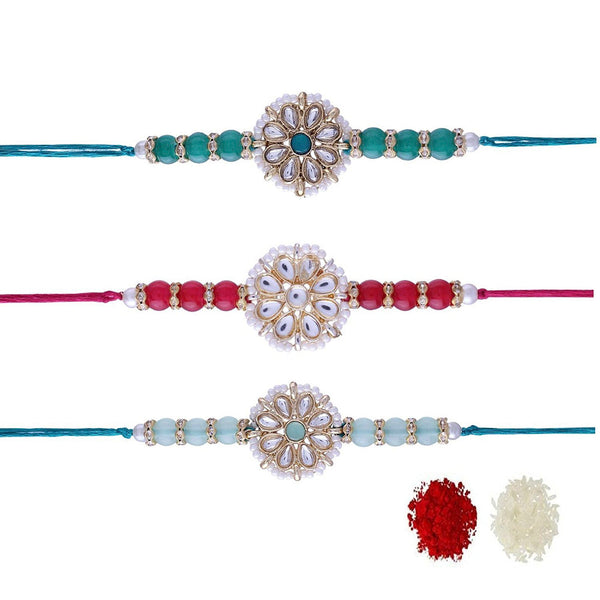 Etnico Ethnic Designer Pearl Beads Studded Rakhi Bracelet with Roli Chawal for Brother/Men(R068-3)Pack of 3 Rakhi