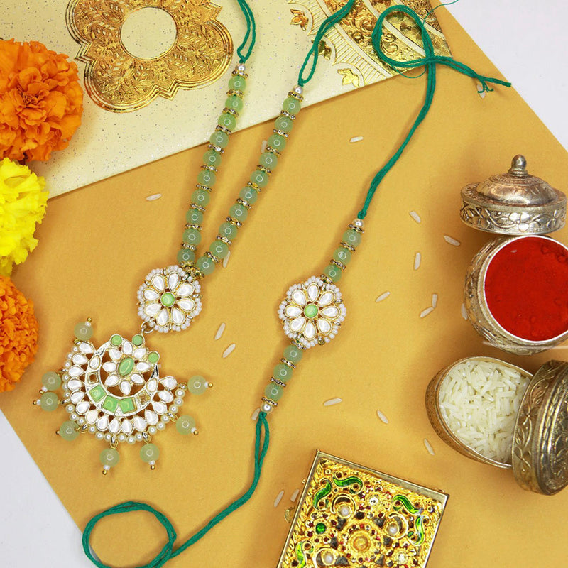 Etnico Designer Bhaiya Bhabhi Hanging Lumba Rakhi Combo Set for Rakshabhandan (R068Min-CO)