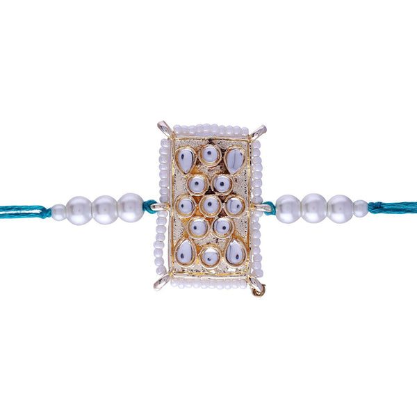 Etnico Ethnic Designer Pearl Beads Studded Rakhi Bracelet with Roli Chawal for Brother/Men (R082W)