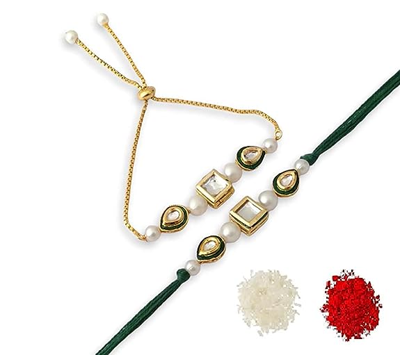 Etnico I Jewels Designer Fancy Traditional Bhaiya Bhabhi Hanging Lumba Rakhi Combo Set With Roli Chawal for Rakshabhandan (R091W-CO)