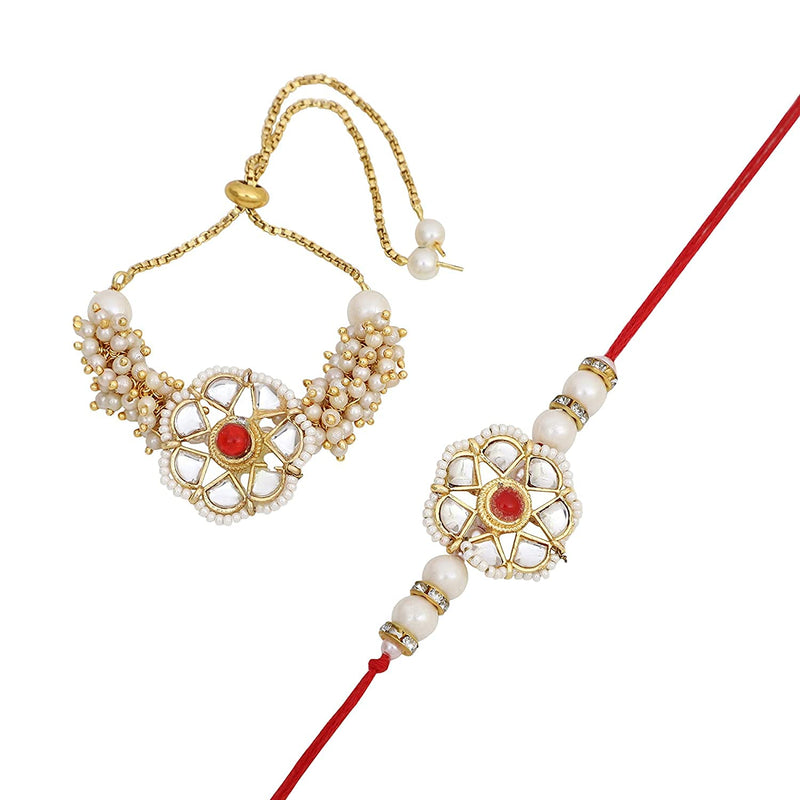 Etnico I Jewels Designer Kundan Pearl Bhaiya Bhabhi Lumba Rakhi Set With Roli Chawal & Rakshabandhan Card For Brother/Bro/Men (R093W-CO)