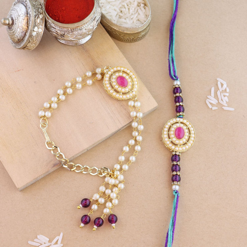 Etnico I Jewels Designer Kundan & Pearl Hanging Bhaiya Bhabhi Lumba Rakhi Combo Set with Roli Chawal and Rakshabandhan Card (R096Pi-CO)