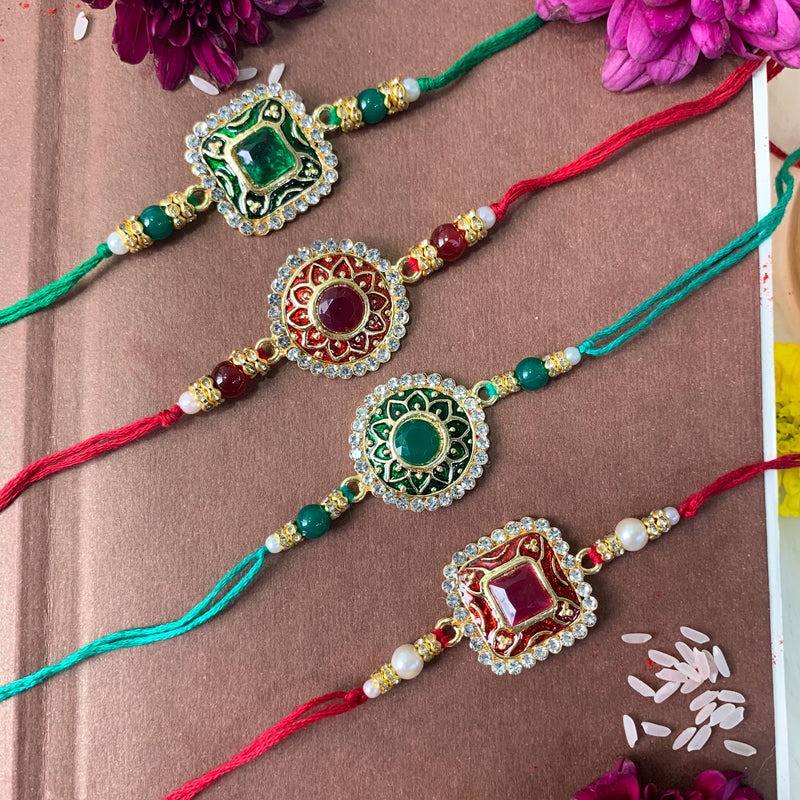 Etnico I Jewels Pearl & Kundan Designer Meenakari Bhaiya Rakhi With Roli Chawal for Brother/Bro/Men with Rakshabandhan Card (R098-100-4) (Pack of 4)