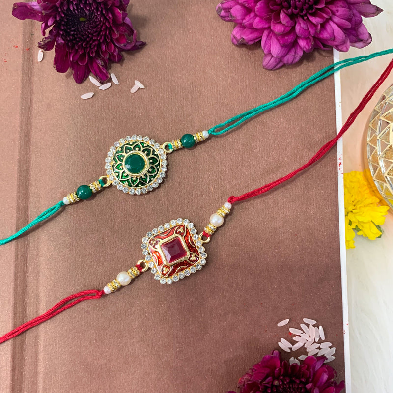 Etnico I Jewels Pearl & Kundan Designer Bhaiya Rakhi With Roli Chawal for Brother/Bro/Men with Rakshabandhan Card (R098M-100G)