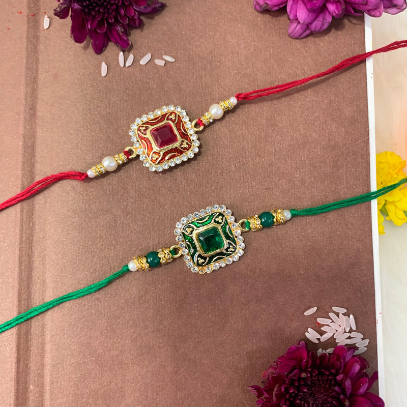 Etnico I Jewels Pearl & Kundan Designer Bhaiya Rakhi With Roli Chawal for Brother/Bro/Men with Rakshabandhan Card (R098M-G)