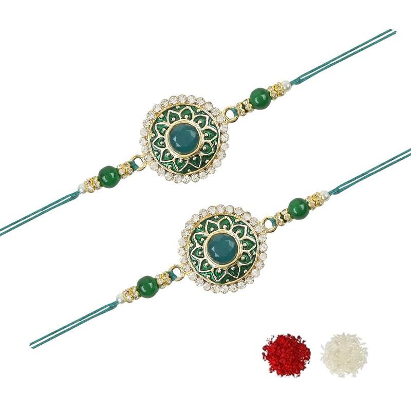 Etnico I Jewels Rakshabandhan Designer Handcrafted Pearl & Kundan Bhaiya Rakhi With Roli Chawal for Brother/Bro/Men (R100G-2)