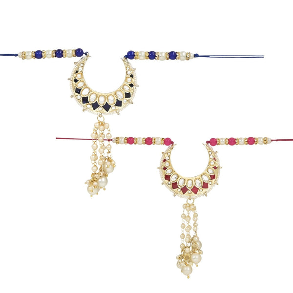 Etnico I Jewels Rakshabandhan Designer Handcrafted Meenakari Kundan Pearl Hanging Lumba Rakhi For Bhabhi/Sister (R105Q-BL-LCO)