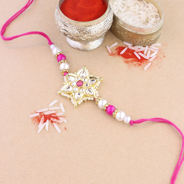 Etnico I Jewels Pearl & Kundan Designer Bhaiya Rakhi With Roli Chawal for Brother/Bro/Men with Rakshabandhan Card (R116Q)