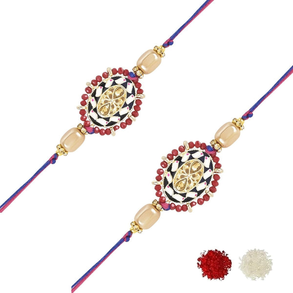 Etnico I Jewels Pearl & Kundan Designer Bhaiya Rakhi With Roli Chawal for Brother/Bro/Men with Rakshabandhan Card (R117M-2)(Pack of 2)