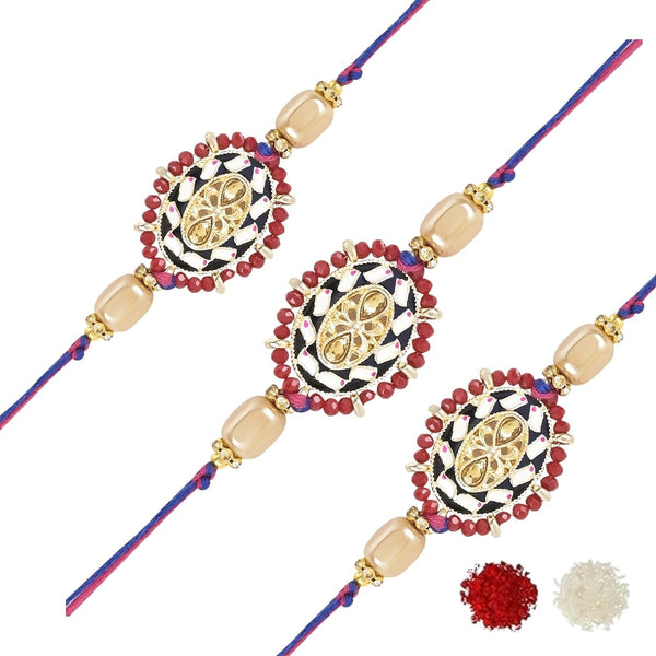 Etnico I Jewels Pearl & Kundan Designer Bhaiya Rakhi With Roli Chawal for Brother/Bro/Men with Rakshabandhan Card (R117M-3)(Pack of 3)