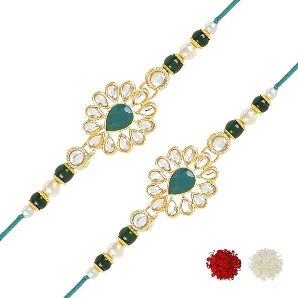 Etnico I Jewels Pearl & Kundan Designer Bhaiya Rakhi With Roli Chawal for Brother/Bro/Men with Rakshabandhan Card (R118G-2) (Pack of 2)