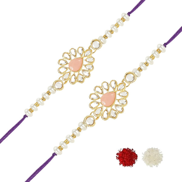 Etnico I Jewels Pearl & Kundan Designer Bhaiya Rakhi With Roli Chawal for Brother/Bro/Men with Rakshabandhan Card (R118Pe-2) (Pack of 2)