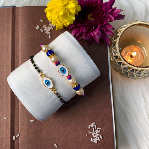 Etnico I Jewels Designer Enamel Evil Eye Bhaiya Bhabhi Mangalsutra Bracelet Rakhi Set With Roli Chawal & Rakshabandhan Card For Brother/Bro/Men (R130-CO)