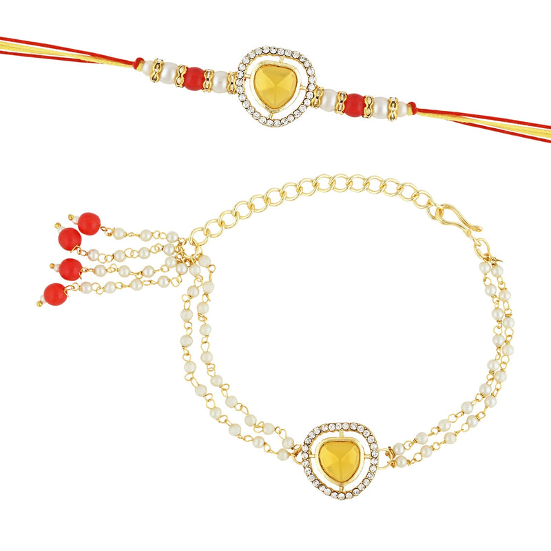 Etnico I Jewels Designer Kundan & Pearl Hanging Bhaiya Bhabhi Lumba Rakhi Set with Roli Chawal and Rakshabandhan Card (R140Y-CO)