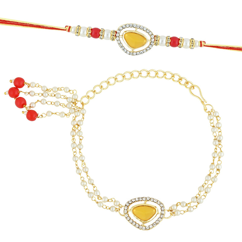 Etnico I Jewels Designer Kundan & Pearl Hanging Bhaiya Bhabhi Lumba Rakhi Set with Roli Chawal and Rakshabandhan Card (R141Y-CO)