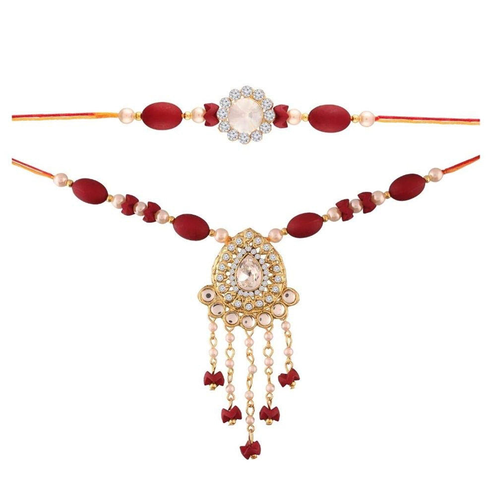 Etnico Gold Plated Pearl and Kundan Rakhi Set for Bhaiya Bhabhi (R617CO)