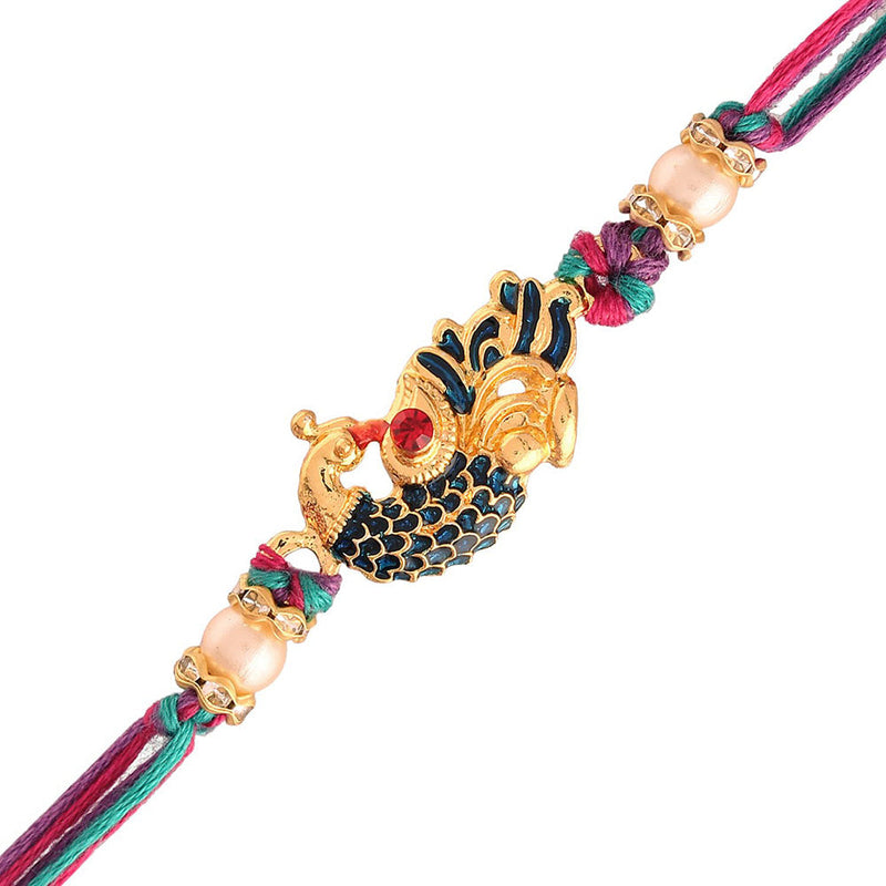 Etnico Gold Plated Designer CZ Pearl Multi-Colour Peacock Rakhi For Men/Boys (R702)