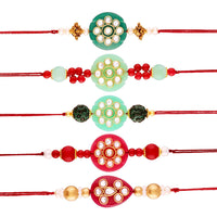 Etnico Gold Plated Designer Kundan Multi-Colour Rakhi For Men/Boys Pack Of 5 (R728CO)