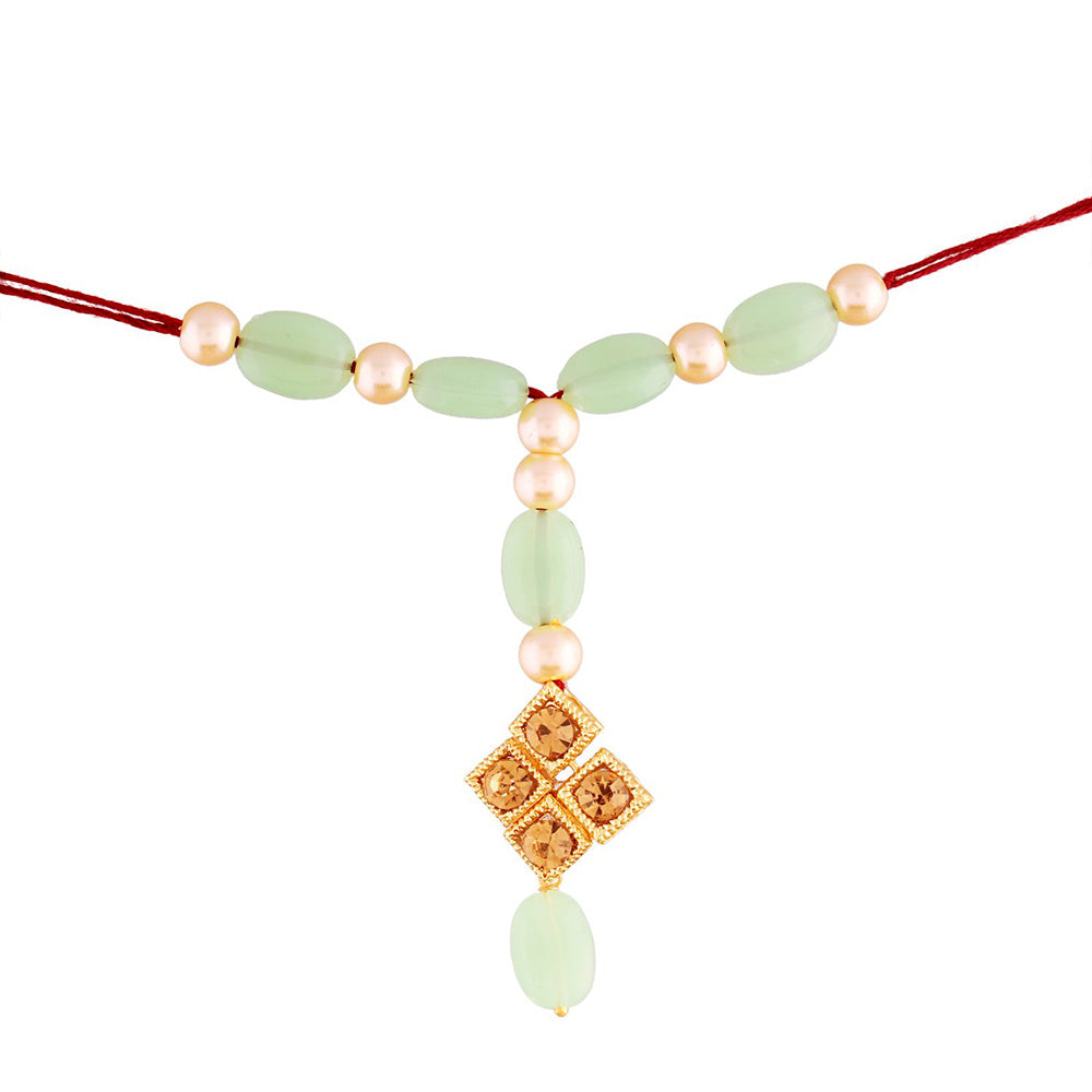 Etnico Gold Plated Designer Stone Studded Pearl Lumba Rakhi For Bhabhi (R859-L)