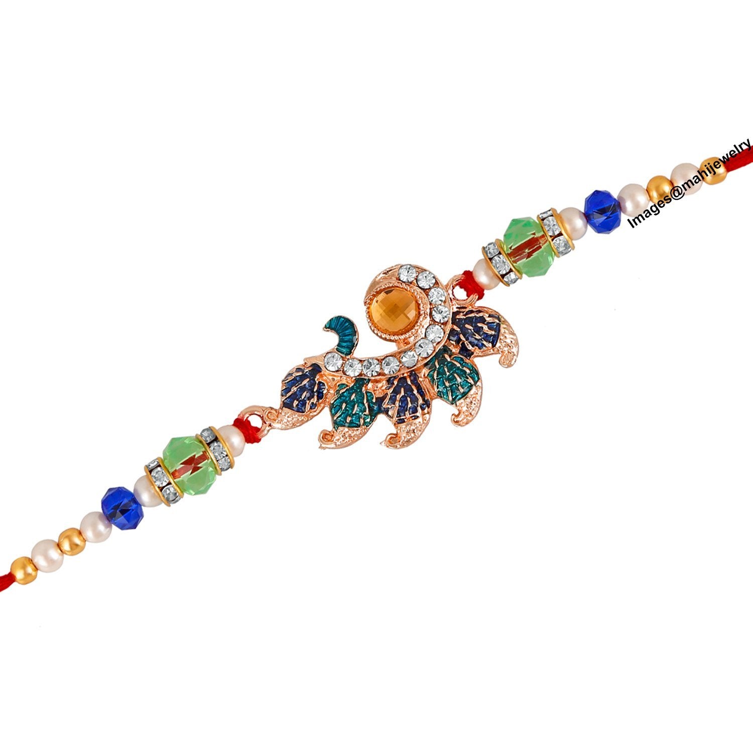 Mahi Rose Gold Plated Designer Rakhi Bracelet with Multicolour Crystals and Pearls for Beloved Brother RA1100624Z