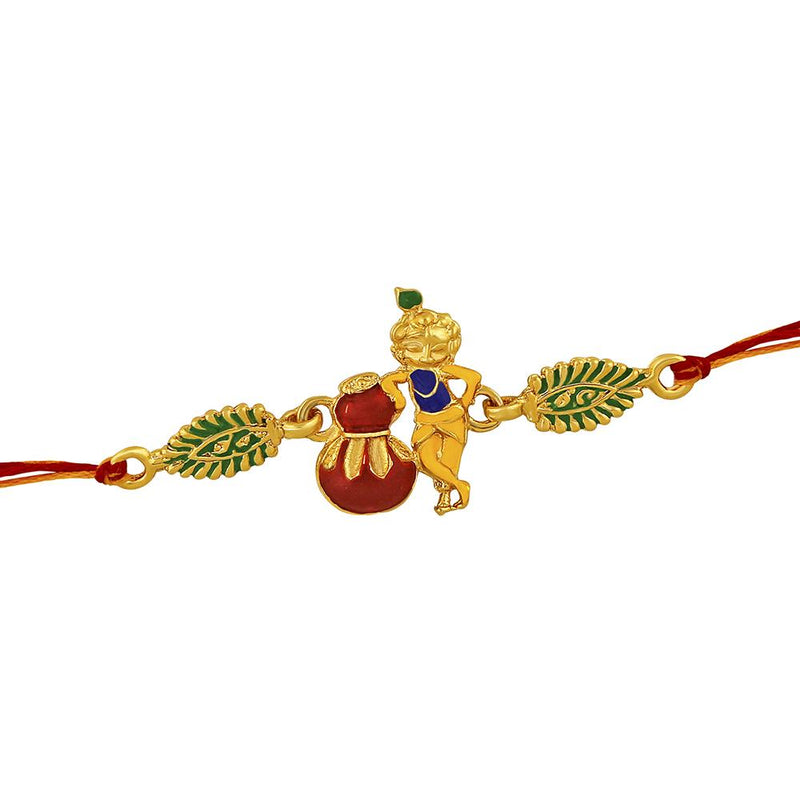 Mahi Meenakari Work Lord Krishna with Matki Rakhi Bracelet for Adorable Brothers (RA1100635G)