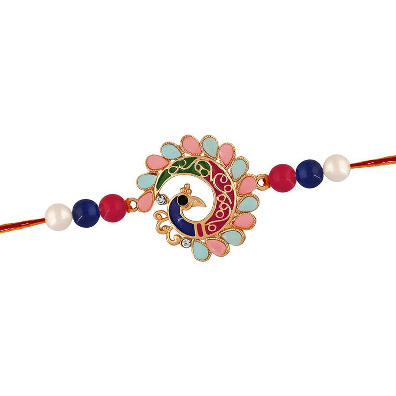 Mahi Delight Peacock Rakhi with Multicolor Crystals and Artificial Pearl for Brothers (RA1100636Z)