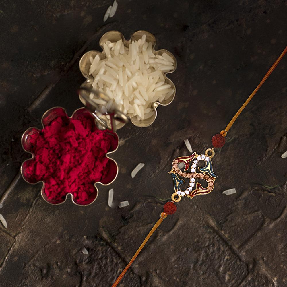 Mahi Religious Swastik Rudraksha Rakhi with Brown and White Crystals for Bhaiya (RA1100637G)