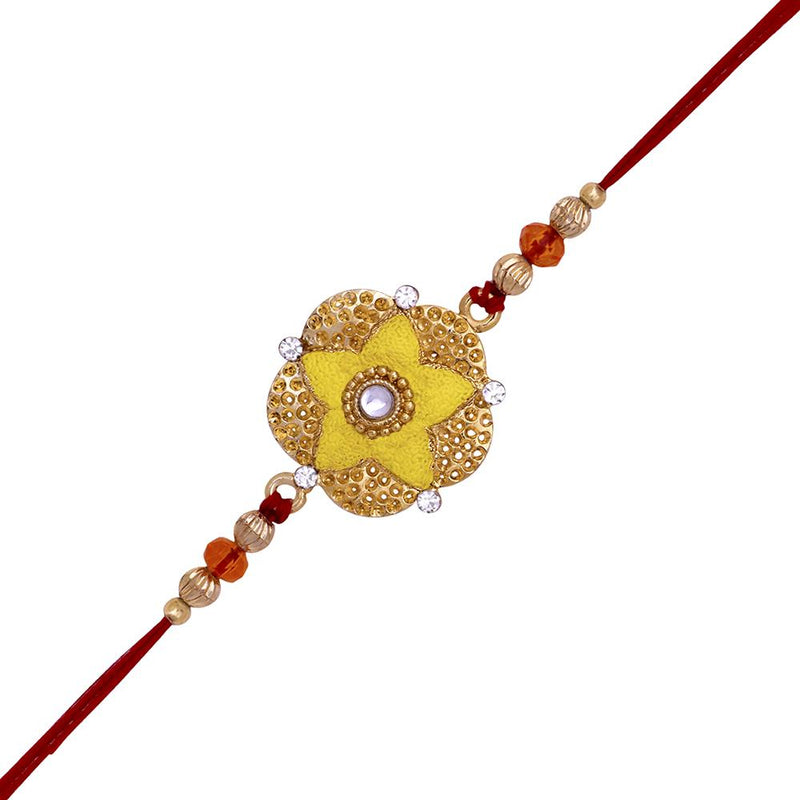 Mahi Bright Yellow Meenakari Work Floral Rakhi with White Crystals for Bhaiya (RA1100638G)