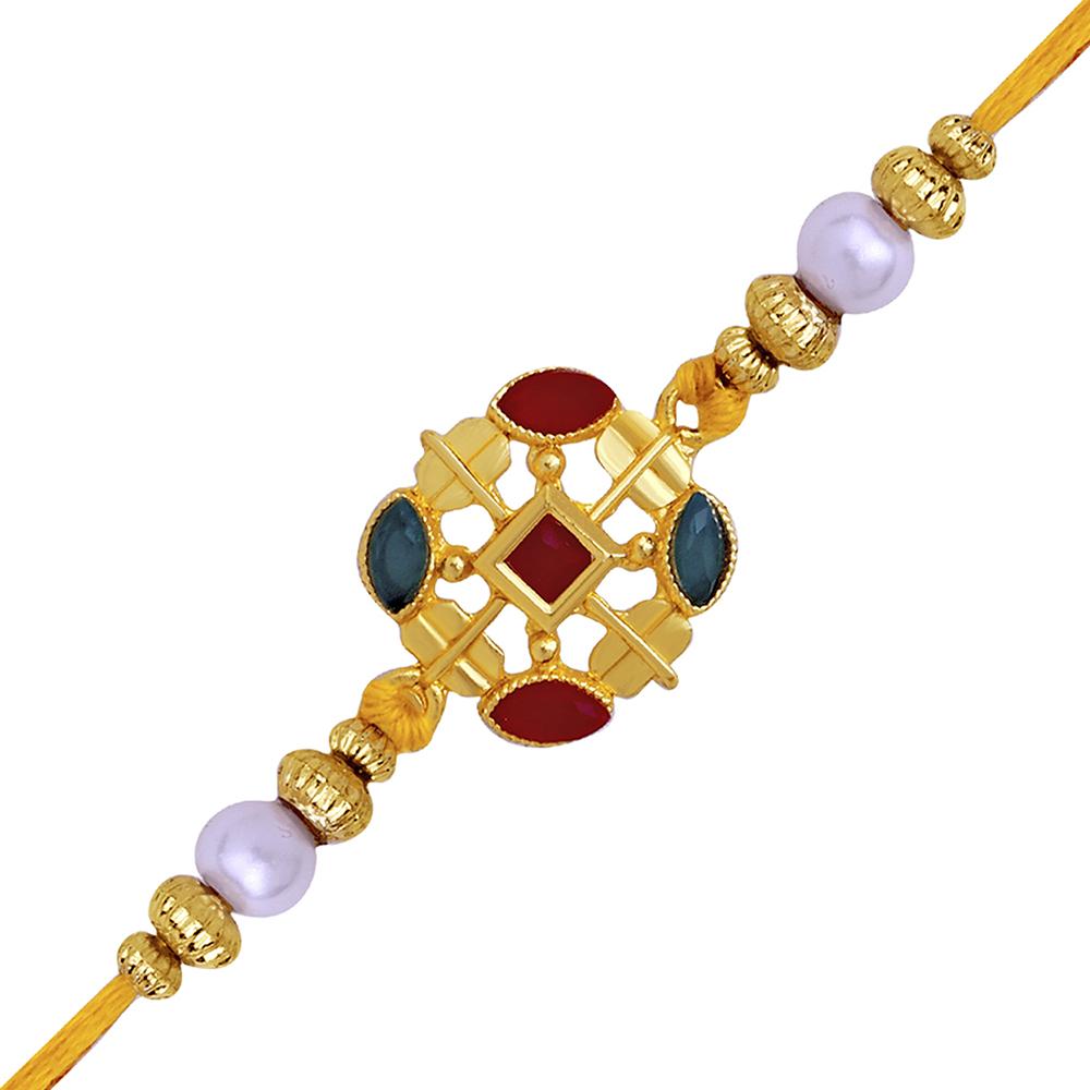 Mahi Red and Green Crystals Squarish Rakhi for Adorable Brother (RA1100655G)