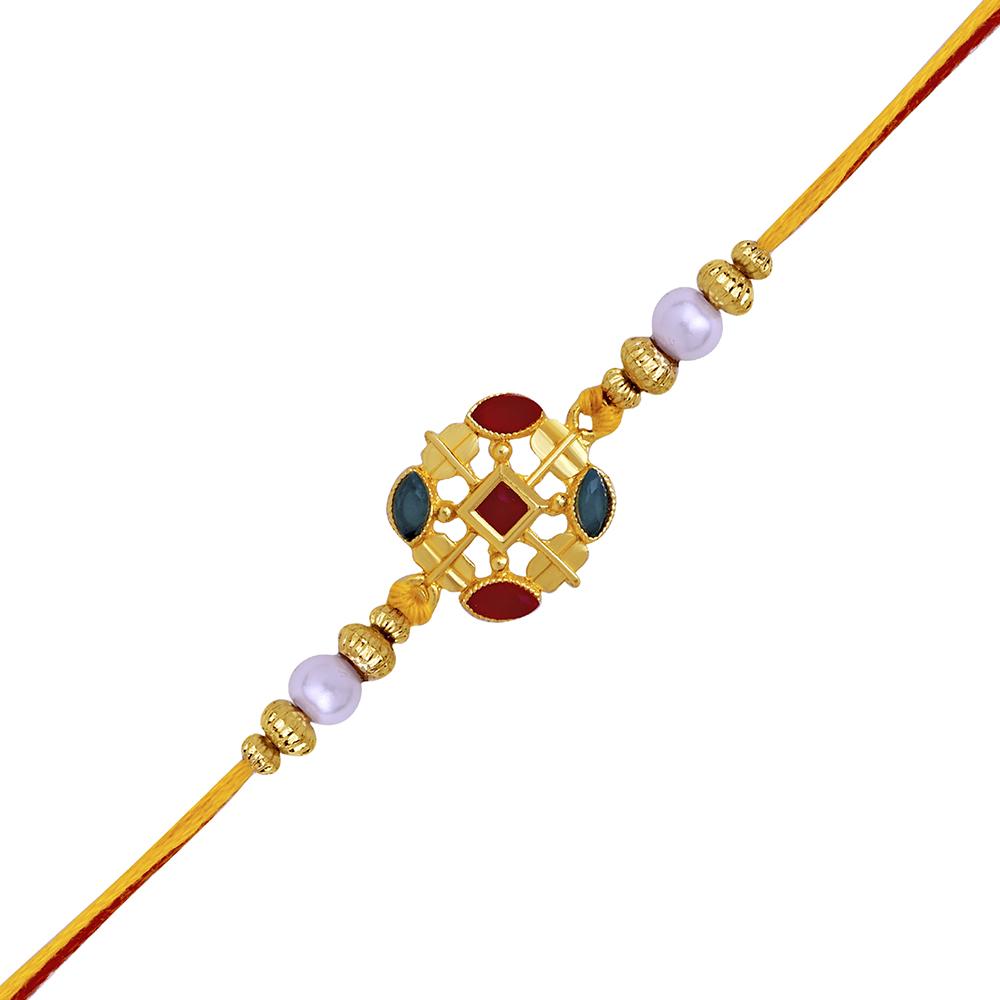 Mahi Red and Green Crystals Squarish Rakhi for Adorable Brother (RA1100655G)
