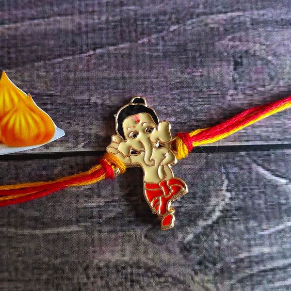 Mahi Rose Gold Plated Meena Work Bal Ganesha Rakhi for Kids (RA1100670Z)