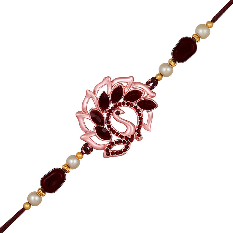 Mahi Rose Gold Plated Peacock Shaped Rakhi with Maroon Crystals for Bhai / Brother (RA1100719ZMar)