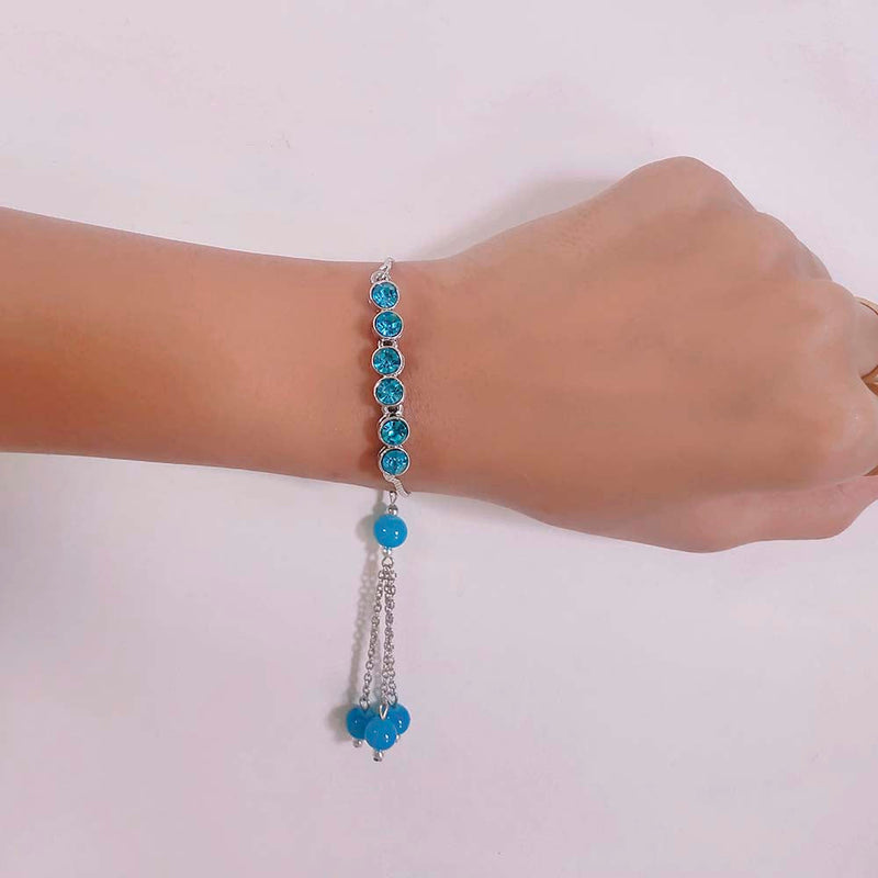 Mahi Rhodium Plated Blue Crystals Lumba Rakhi for Bhabhi (RAL1100675R)