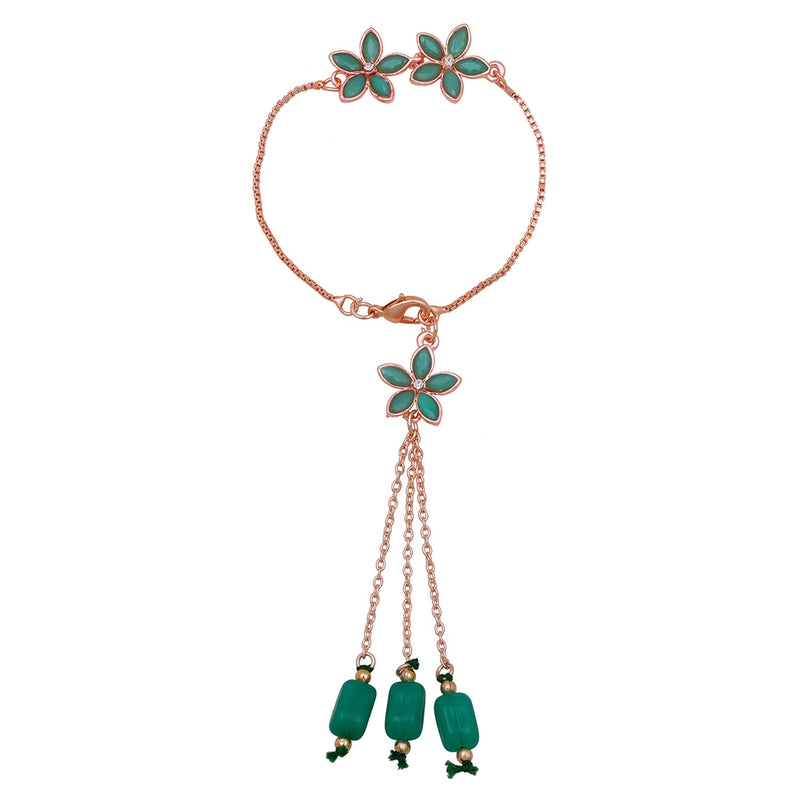 Mahi Rose Gold Plated Green Crystals Floral Lumba Rakhi for Bhabhi (RAL1100711ZGre)