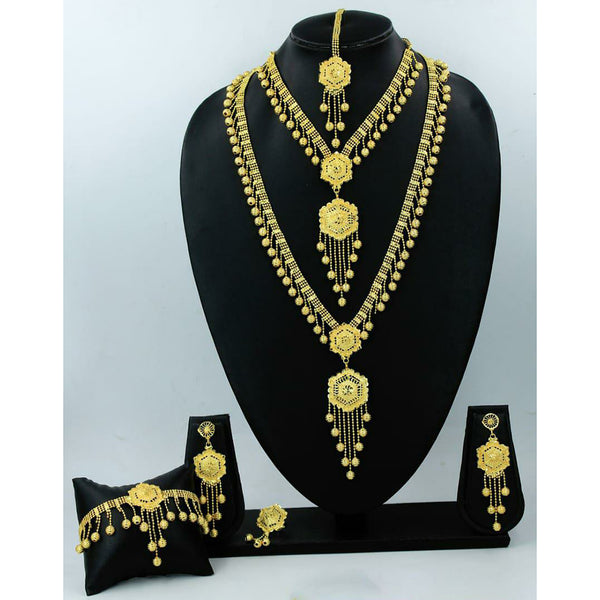 Radhe Creation Forming Gold Plated Double Necklace Set With Maangtikka, Rings & Bracelet Combo
