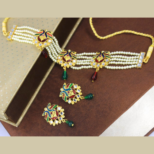 Radhe Creation Gold Plated Pearl & Meenakari Choker Necklace Set