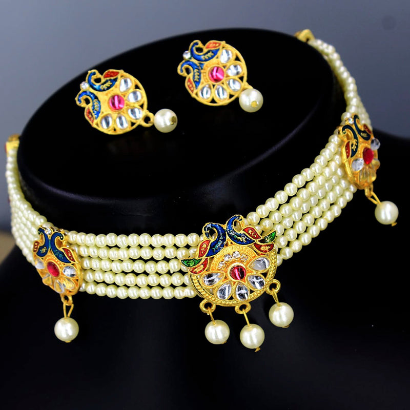 Radhe Creation Gold Plated Pearl & Meenakari Choker Necklace Set