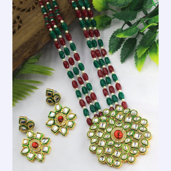 Radhe Creation Gold Plated Pink & Green Beads Long Necklace Set